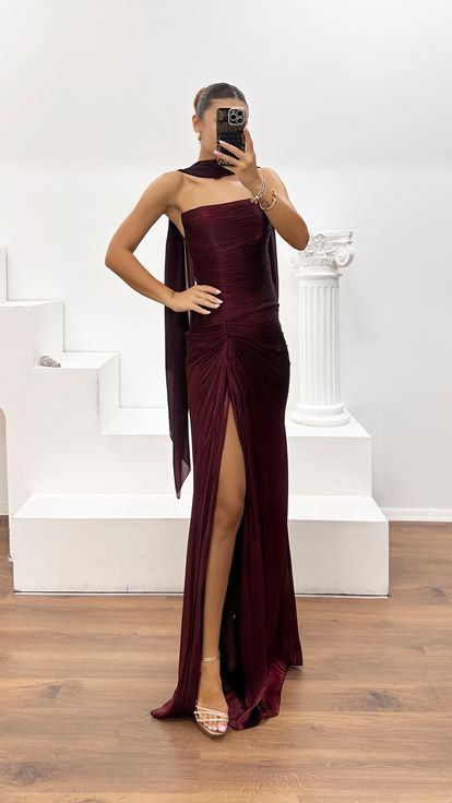 Bordo Dior Organze Yırtmaçlı Drape Detaylı Abiye Elbise
