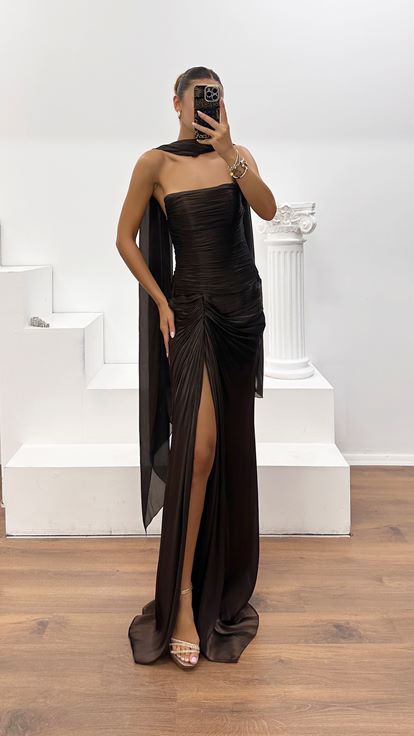 Kahverengi Dior Organze Straplez Yırtmaçlı Abiye Elbise