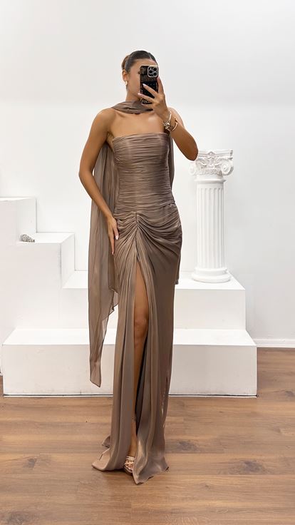 Vizon Büzgü Detaylı Straplez Dior Organze Abiye Elbise