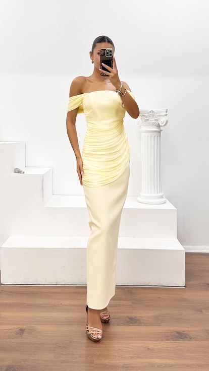 Sarı Düşük Omuzlu Drapeli Üst Dior Organze Etek Krep Abiye Elbise
