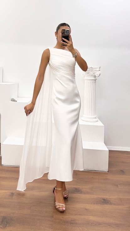 Bone One-Shoulder Draped Crepe Dress with Organza Cape