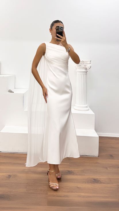 Bone One-Shoulder Draped Crepe Dress with Organza Cape