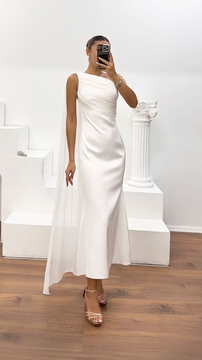 Bone One-Shoulder Draped Crepe Dress with Organza Cape