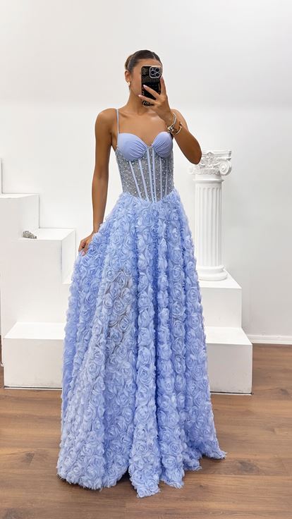 Abito da Sera Corsetto Azzurro Polvere in Tulle con Applicazioni Rose 3D