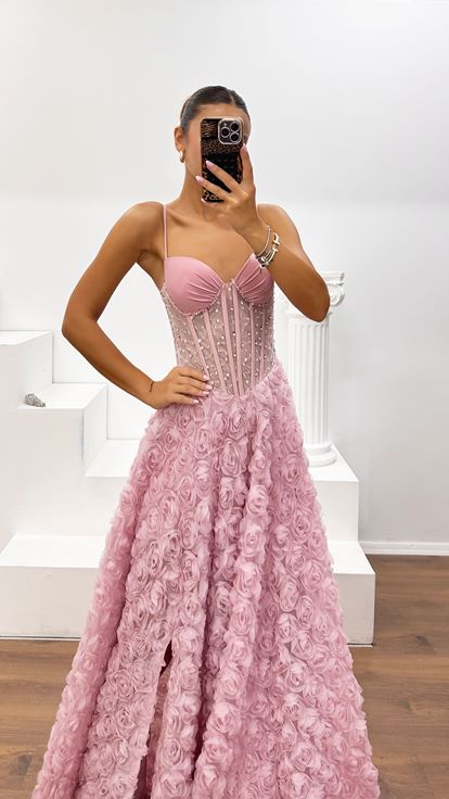 Abito da Sera Corsetto con Spacco in Tulle con Applicazioni Rose 3D Cipria