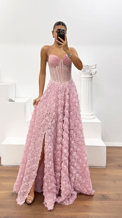 Abito da Sera Corsetto con Spacco in Tulle con Applicazioni Rose 3D Cipria