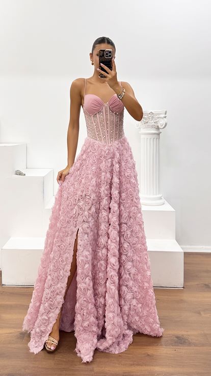 Abito da Sera Corsetto con Spacco in Tulle con Applicazioni Rose 3D Cipria