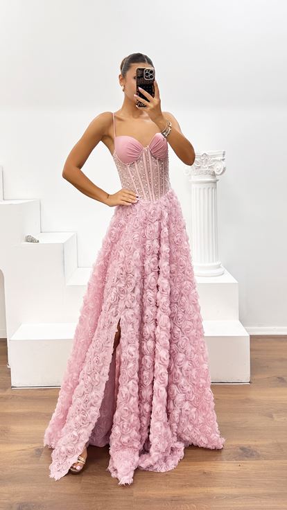 Abito da Sera Corsetto con Spacco in Tulle con Applicazioni Rose 3D Cipria