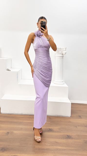 Lilac Floral Detail Draped Organza and Crepe Evening Gown