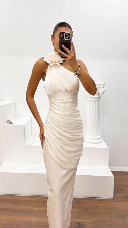 Abito da Sera Monospalla Beige Chiaro in Organza e Crêpe