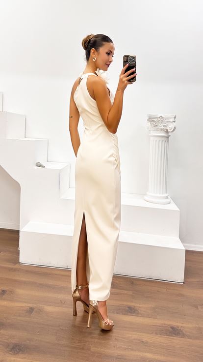 Abito da Sera Monospalla Beige Chiaro in Organza e Crêpe