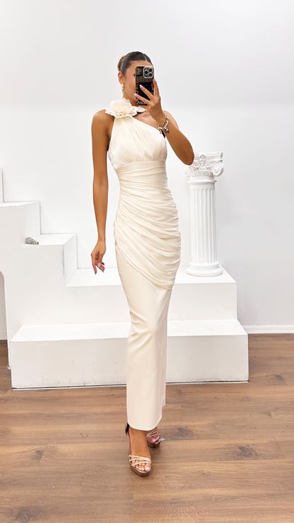 Abito da Sera Monospalla Beige Chiaro in Organza e Crêpe