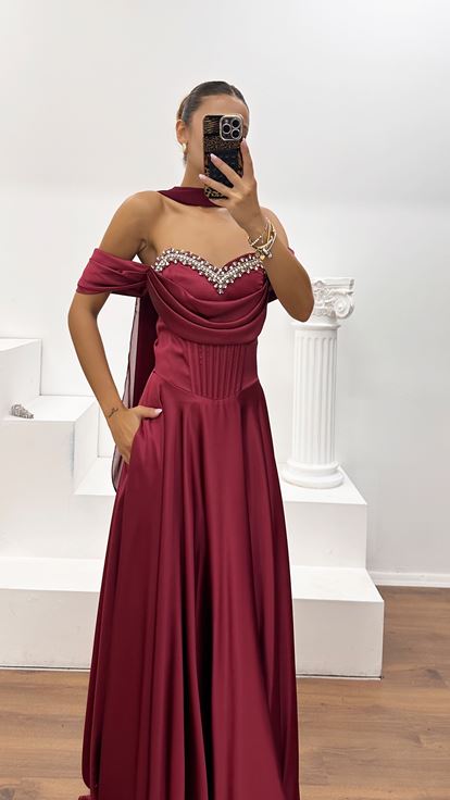 Bordo Krep Saten Taş İşlemeli Korsajlı Abiye Elbise