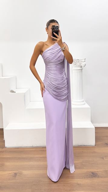 Lilac One-Shoulder Organza Draped Crepe Evening Dress