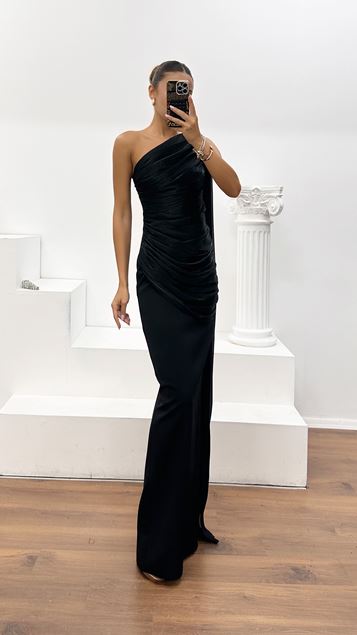 Black One-Shoulder Ruched Dior Organza and Crepe Evening Dress