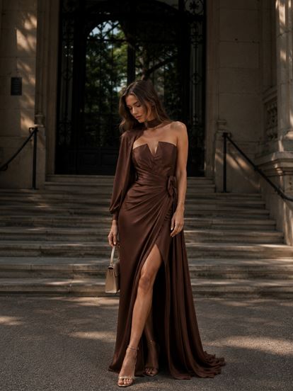 Brown Strapless Evening Dress with Sleeve Detail