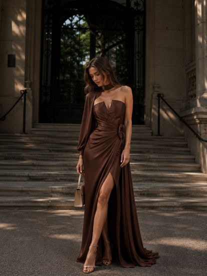 Brown Strapless Evening Dress with Sleeve Detail