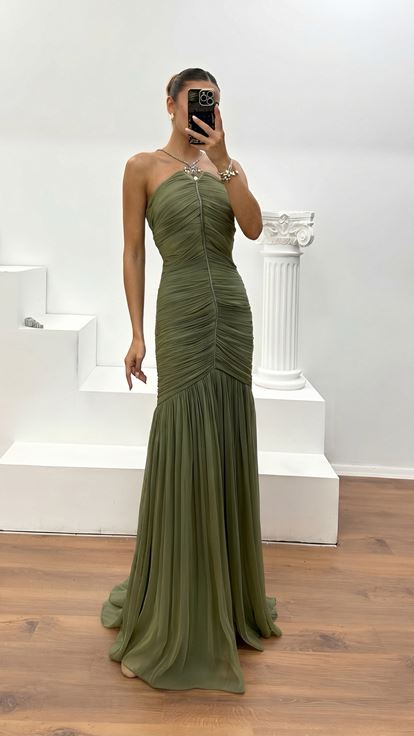 Mint Büzgü Detaylı Dior Organze Abiye Elbise