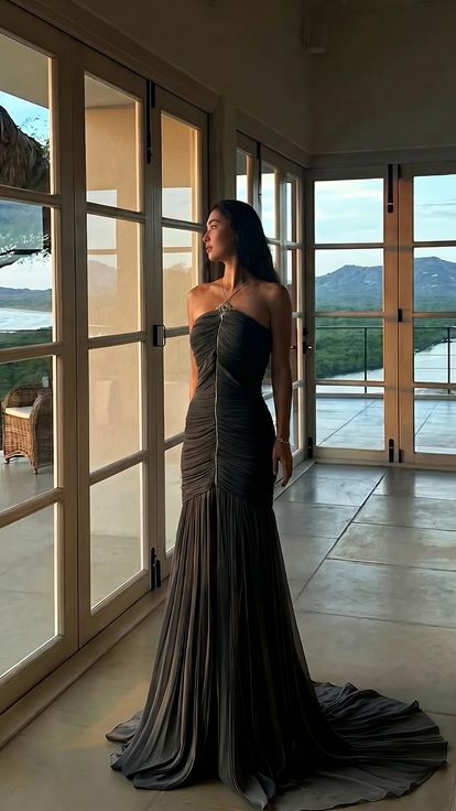 Antrasit Straplez Drape Detaylı Dior Organze Abiye Elbise