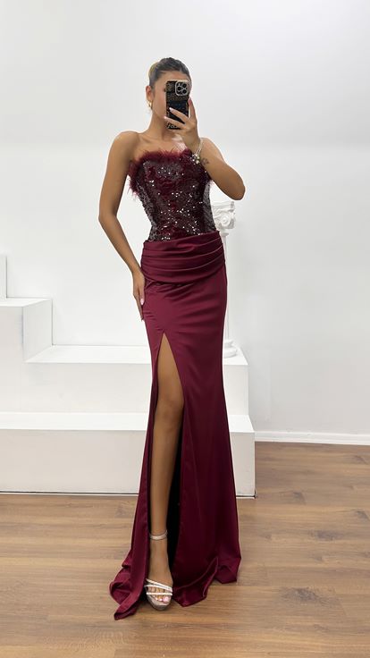 Bordo Straplez Tüy Detay Abiye Elbise