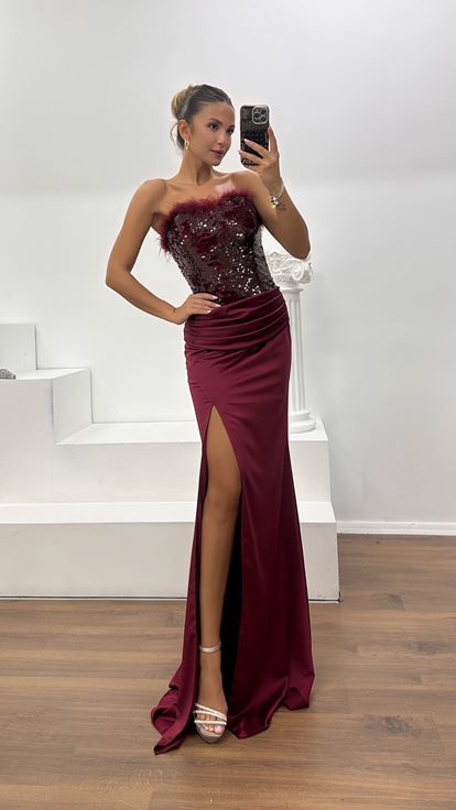 Bordo Straplez Tüy Detay Abiye Elbise