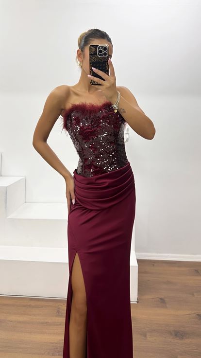 Bordo Straplez Tüy Detay Abiye Elbise
