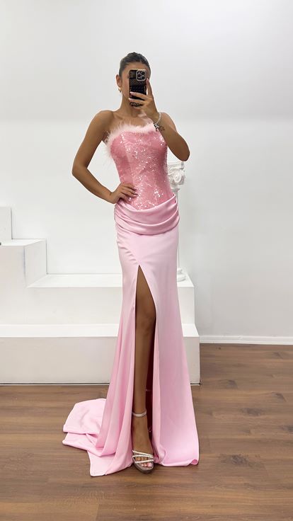 Pembe Straplez Tüy Detay Abiye Elbise