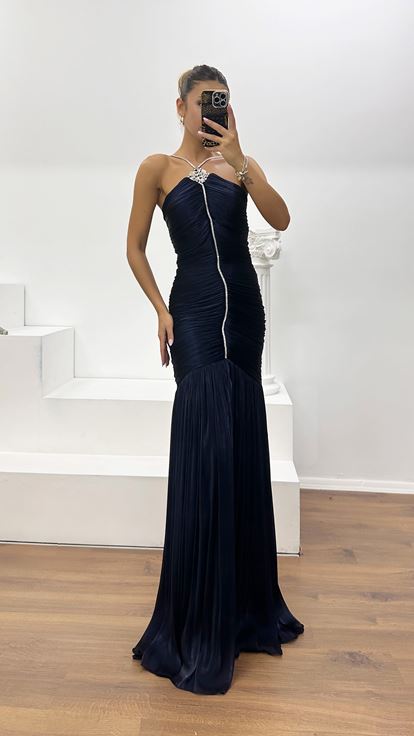 Robe de Soirée Dos Nu en Organza Dior Bleu Marine Froncé