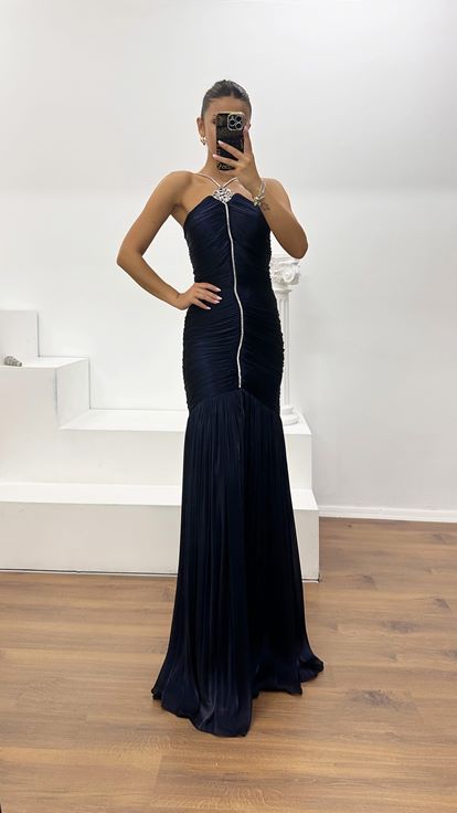 Robe de Soirée Dos Nu en Organza Dior Bleu Marine Froncé