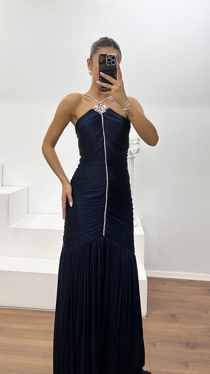 Robe de Soirée Dos Nu en Organza Dior Bleu Marine Froncé