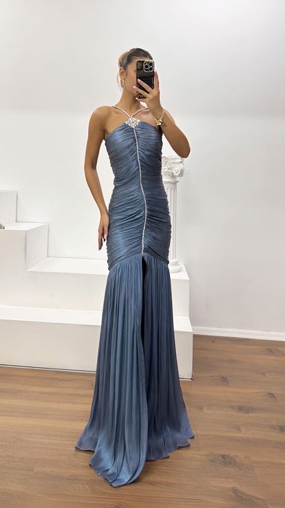 Indigo Dior Organza Halter Neck Slit Evening Gown