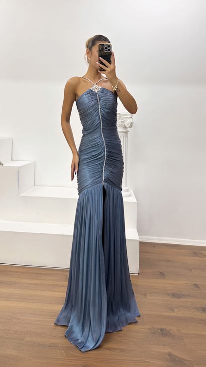 Indigo Dior Organza Halter Neck Slit Evening Gown