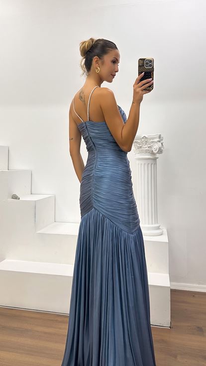 Indigo Dior Organza Halter Neck Slit Evening Gown