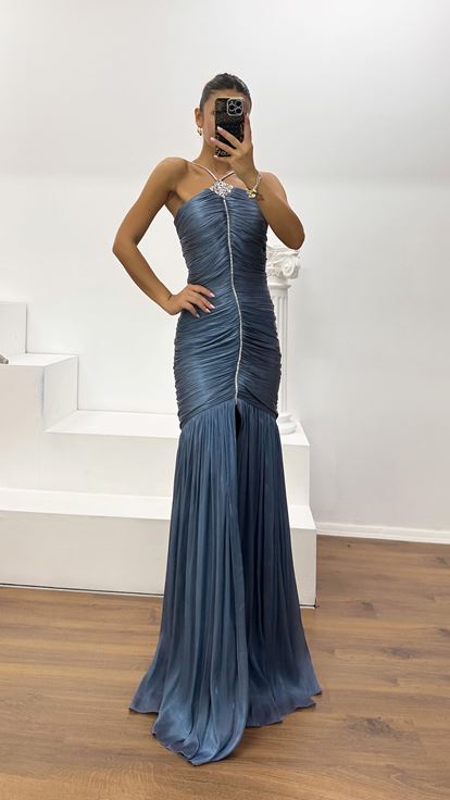 Indigo Dior Organza Halter Neck Slit Evening Gown