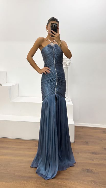 Indigo Dior Organza Halter Neck Slit Evening Gown