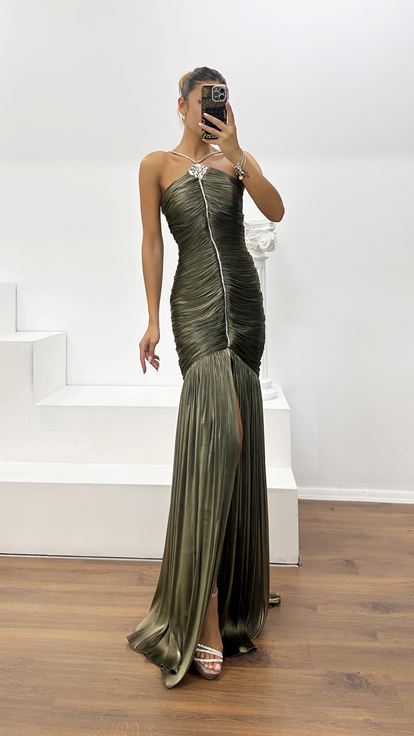 Robe de Soirée Kaki Drapée en Organza Dior à Col Halter