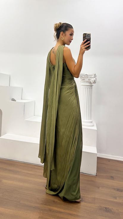 Khaki Strapless Pleated Evening Dress