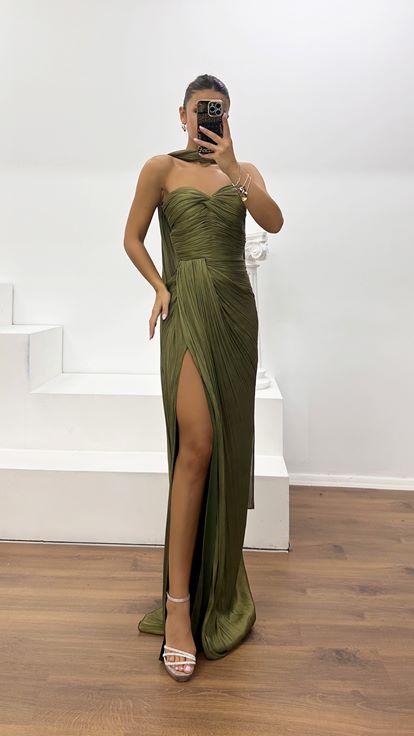 Khaki Strapless Pleated Evening Dress