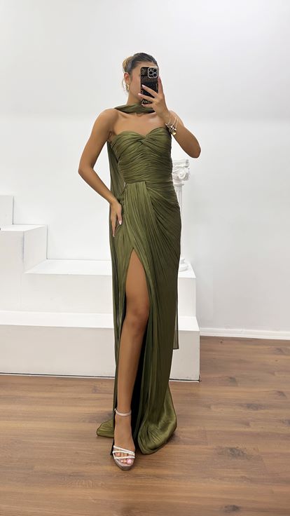 Khaki Strapless Pleated Evening Dress