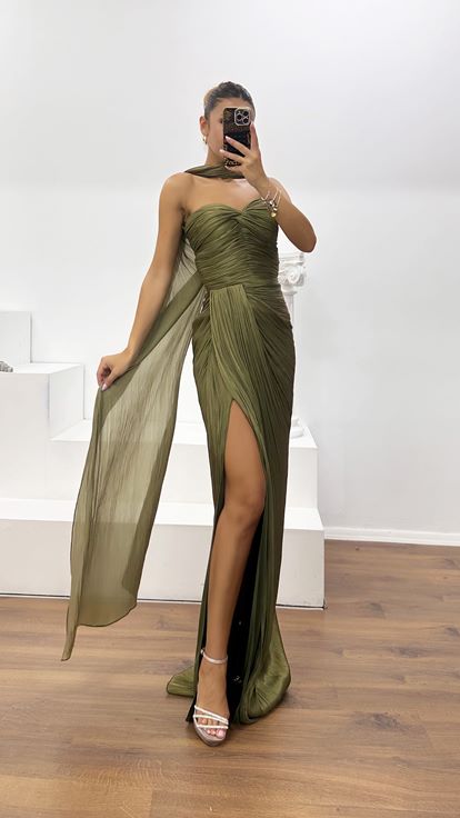 Khaki Strapless Pleated Evening Dress