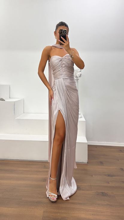 Powder Pink Strapless Pleated Evening Dress