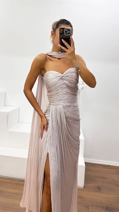 Powder Pink Strapless Pleated Evening Dress