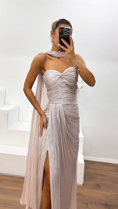 Powder Pink Strapless Pleated Evening Dress