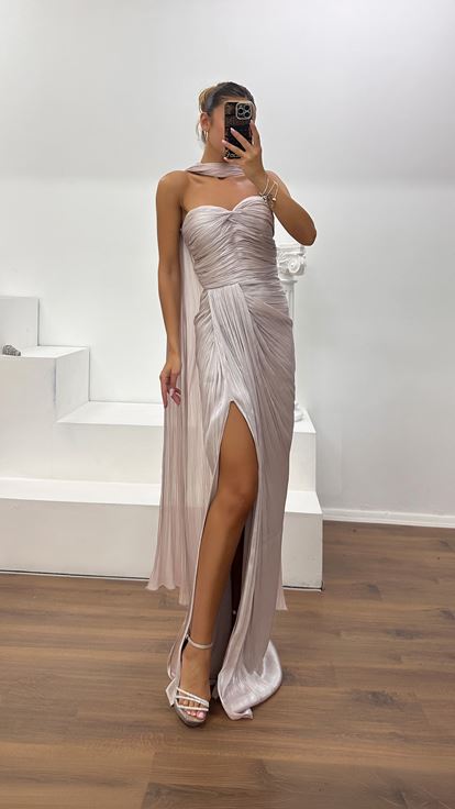 Powder Pink Strapless Pleated Evening Dress