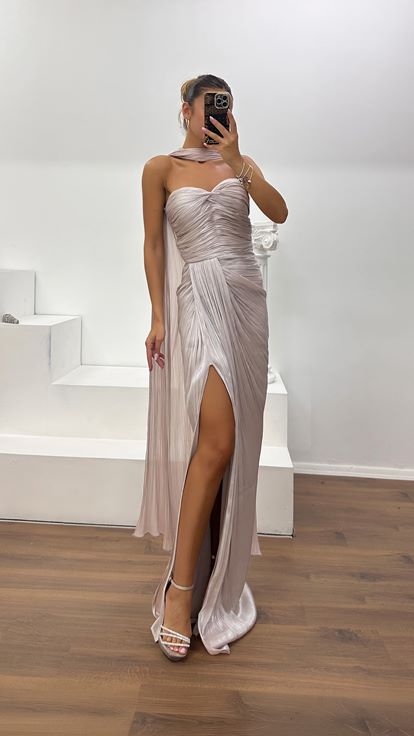 Powder Pink Strapless Pleated Evening Dress