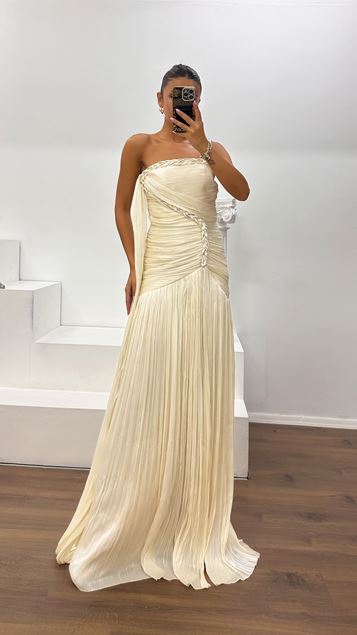 Beige Knit Detailed Pleated Evening Dress