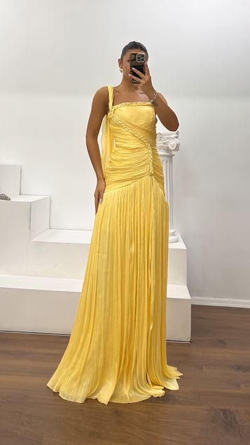 Butter Yellow Knit Detailed Pleated Evening Dress