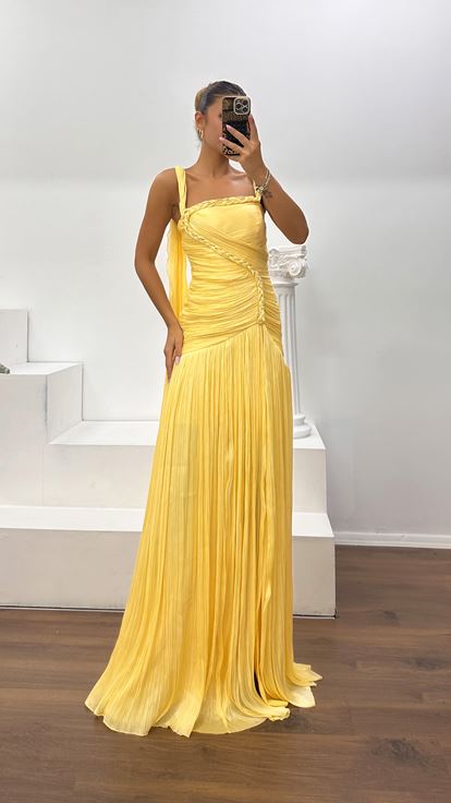 Butter Yellow Knit Detailed Pleated Evening Dress