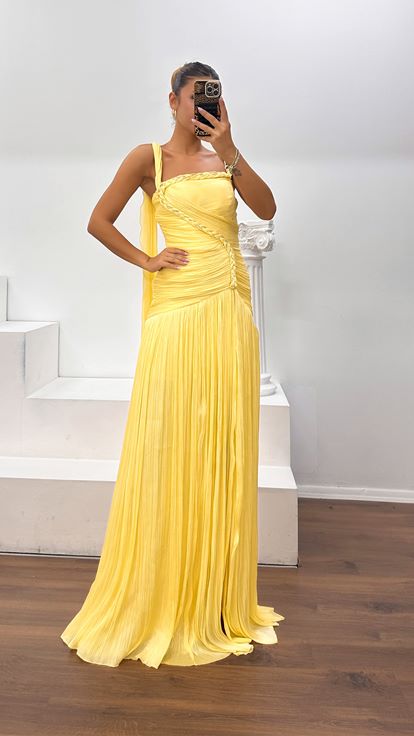 Butter Yellow Knit Detailed Pleated Evening Dress