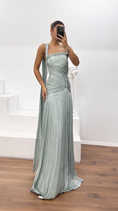 Vestido de Noche Plisado con Detalles de Punto en Verde Menta